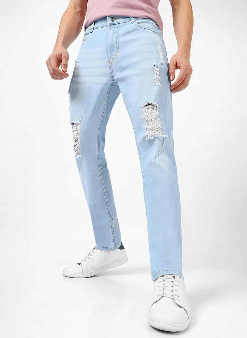 Urbano Fashion Men's Ice Blue Slim Fit Heavy Distressed/Torn Jeans